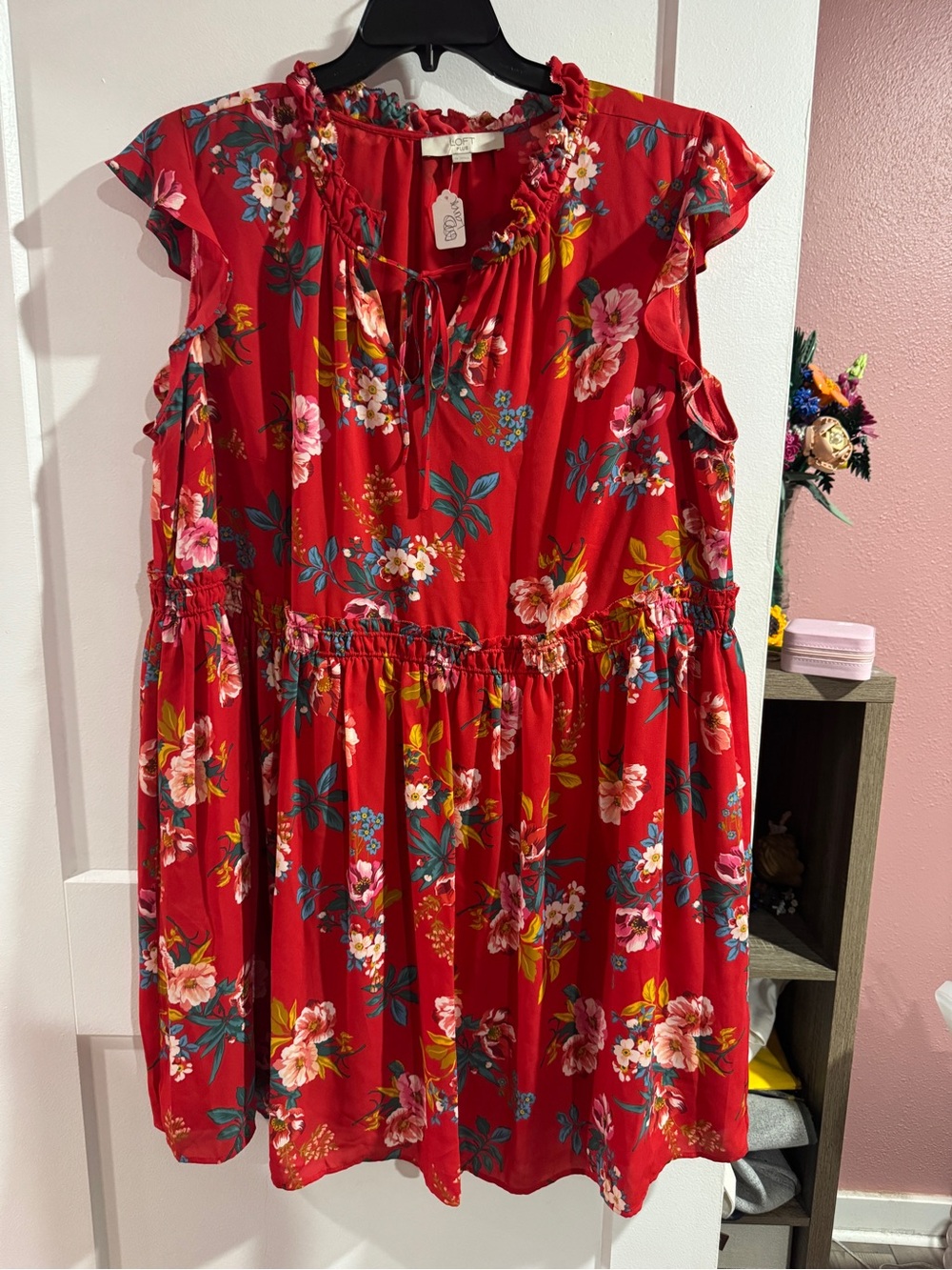 Loft Plus Red Floral Ruffle Sleeve Dress
